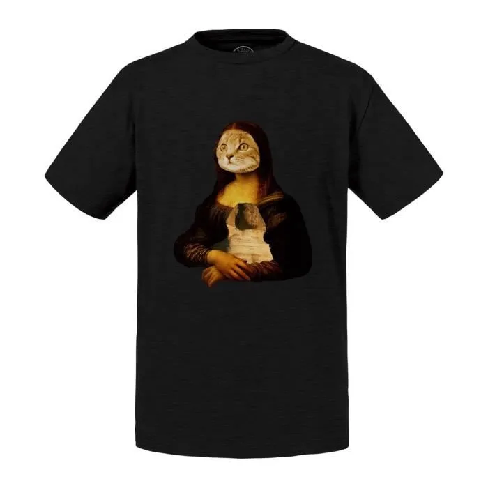 T-shirt Enfant Noir Chat Joconde Collage Art Surréalisme Peinture Sphynx-0