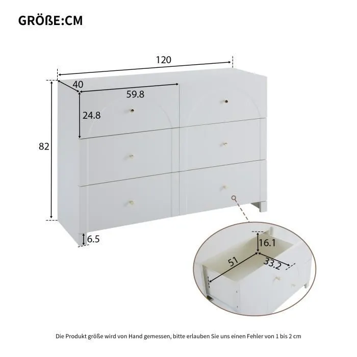 Commode 6 tiroirs - 120x40x82cm - pour salon et chambre à coucher - Style crème Blanc-3