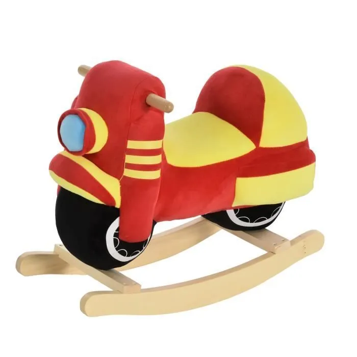 Cheval à bascule modèle moto fonction musicale selle grand confort peluche courte douce bois peuplier rouge et jaune dim. 60L x 25,5-0