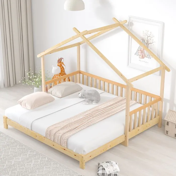 Lit Cabane Extensible,Lit Enfant - en Bois Massif - avec Barrière - 90*200 cm/180*200 cm- couleur bois naturel-0