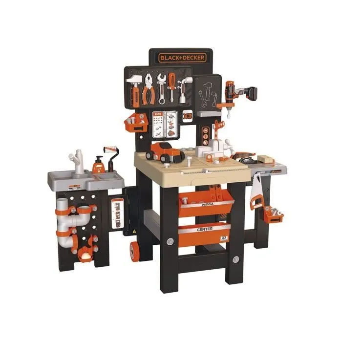 Smoby - Black and Decker - Mega center - 3 parties : mécanique, plomberie, menuiserie - Nombreux accessoires - Fabrication française-0
