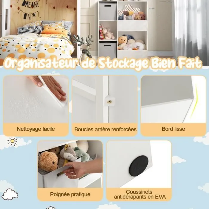 COSTWAY Bibliothèque pour Enfants à 5 Compartiments-2 Bacs en Tissu, 3 Étagère de Rangement Ouverts pour Jouets, 77 x 33 x 93,5 cm-1