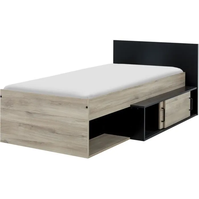 GAMI Erquy Lit enfant avec rangement - Décor Chêne Kronberg clair et Noir - 90 x 200 cm-3