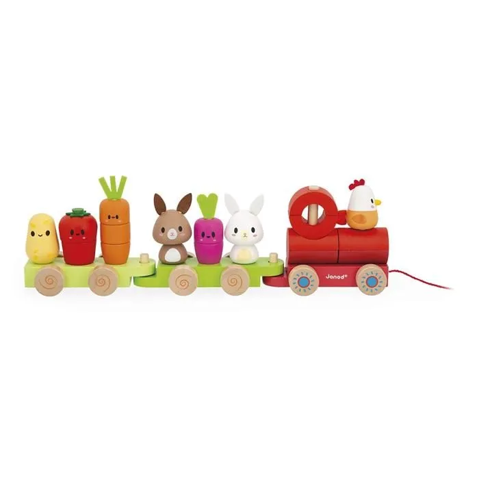 Train à tirer - Janod - JURATOYS - 3 wagons - 16 pièces - Jouet en bois-0