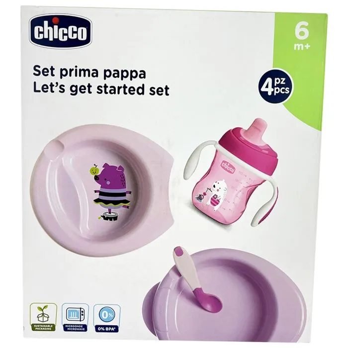 Chicco Coffret Repas (Assiette Maintien au Chaud + Assiette Creuse Décorée + Tasse Training + Cuillère Coudée) - Rose - 6M+ - 00016-3