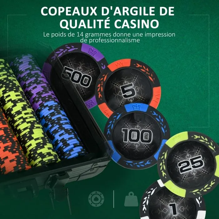 Mallette de Poker Complet SPORTNOW 300 jetons à 14g, 5 dés, 2 Jeux de Cartes 3 boutons Texas Holdem, Cartes de Poker, Bouton Dealer-5