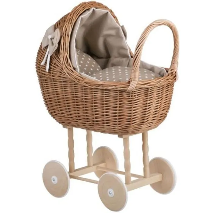Bebeboutik Landau Poussette BEIGE pour poupee avec un poignee en osier et roues en bois