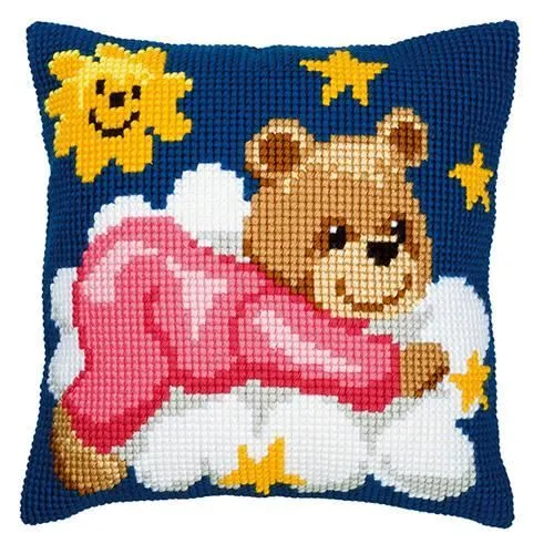 Kit coussin au point de croix - Vervaco - Ourson rose sur nuage - 40x40cm - 100% coton - Intérieur-0