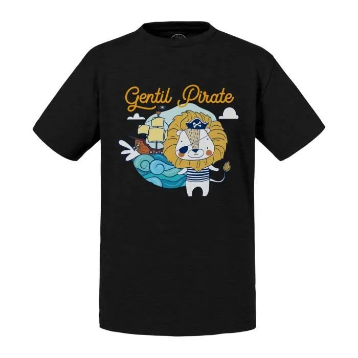 T-shirt Enfant Noir Lion Gentil Pirate Dessin Illustration Capitaine-0
