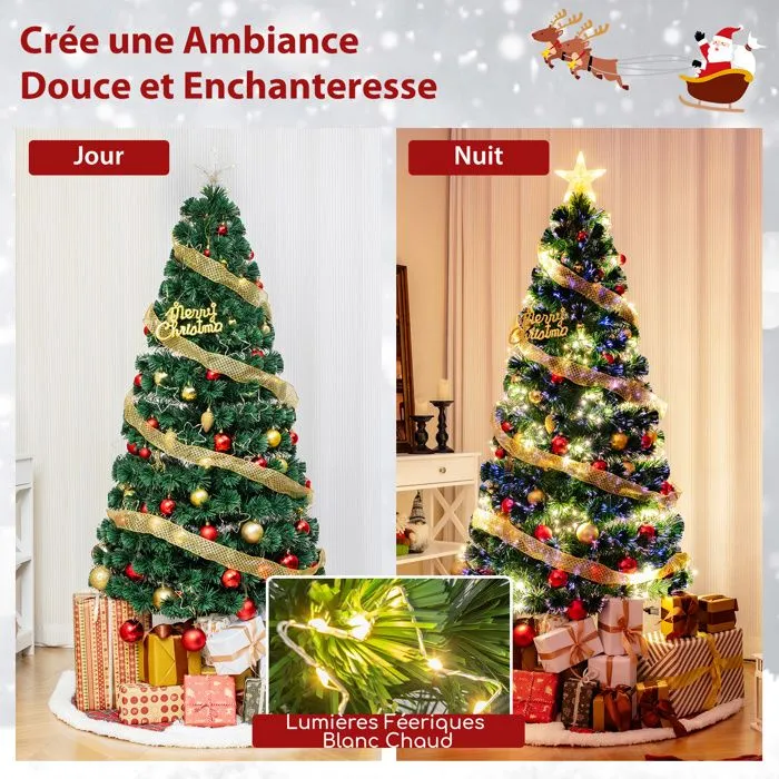 Sapin de Noël Artificiel 180CM COSTWAY-Fibre Optique-36 Lumières Guirlande Lumineuse Blanches Chaudes-Etoile Brillante-230 Pointes-2