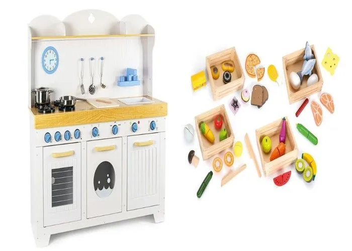 Cuisine en Bois Saint-Tropez avec Ensemble Alimentaire en Bois – 36 Pièces, Jeu Créatif pour Petits Chefs-0