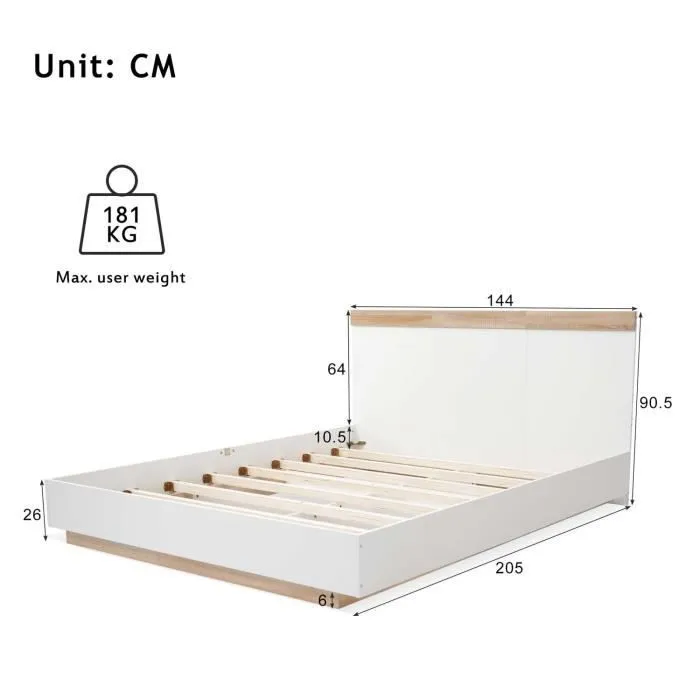 ModernLuxe Lit adulte 140x200cm - cadre en bois - sommier à lattes - style scandinave - chêne + blanc-3