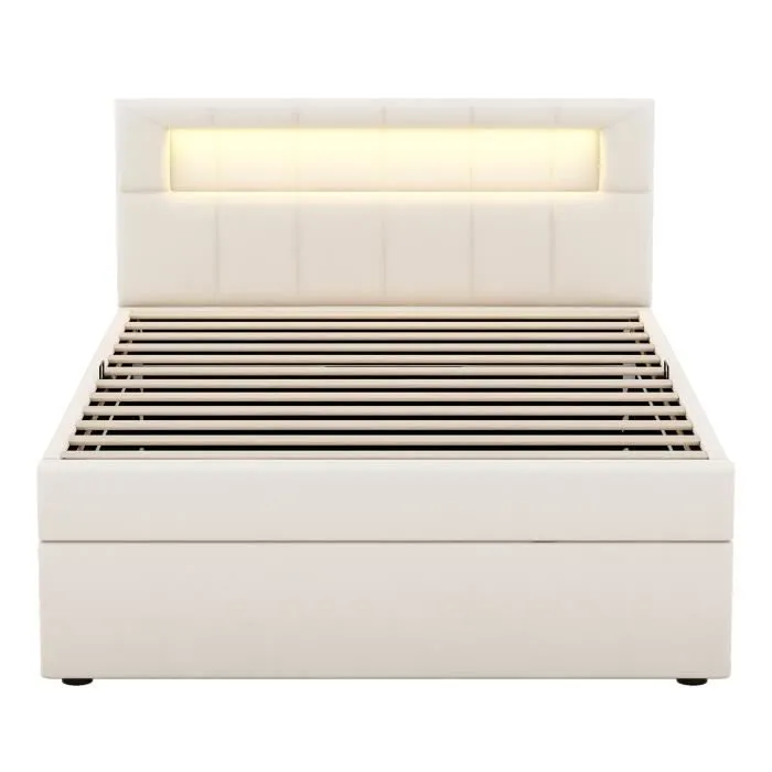 Lit coffre - Minimaliste - 90x200 cm - Velours beige - Tête de lit réglable LED - Avec tiroirs-2