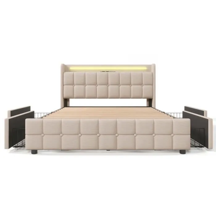 MODERNLUXE Lit adulte 160x200cm - lit rembourré - 4 tiroirs - LED et 2 ports USB - sommier à lattes - tissu en lin - beige-2