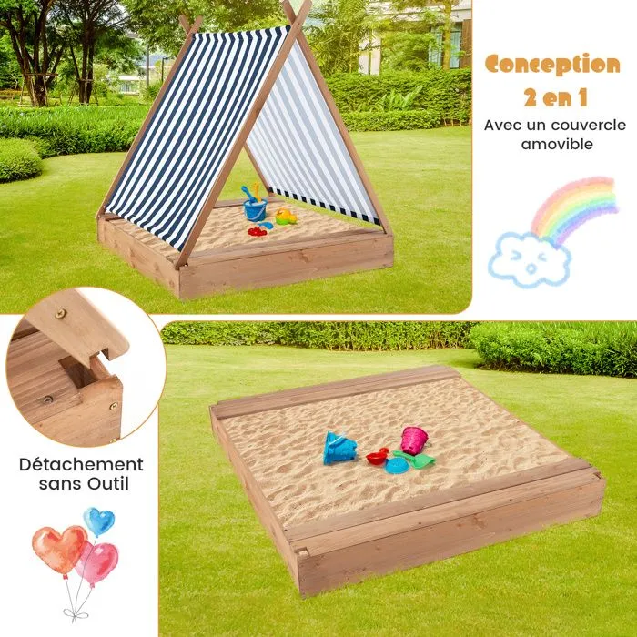 COSTWAY Bac à Sable Enfant Exterieur en Sapin avec Toit pour Protection UV,2 Bancs Intégrés 124 x 123 x 134CM pour Plage, Jardin-1