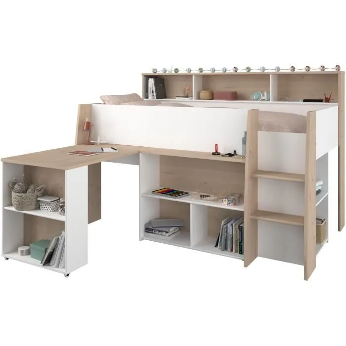 PARISOT Lit combiné enfant avec bureau rétractable - Décor blanc et chêne - 90x 200 cm - Sommier inclus -THEO-0