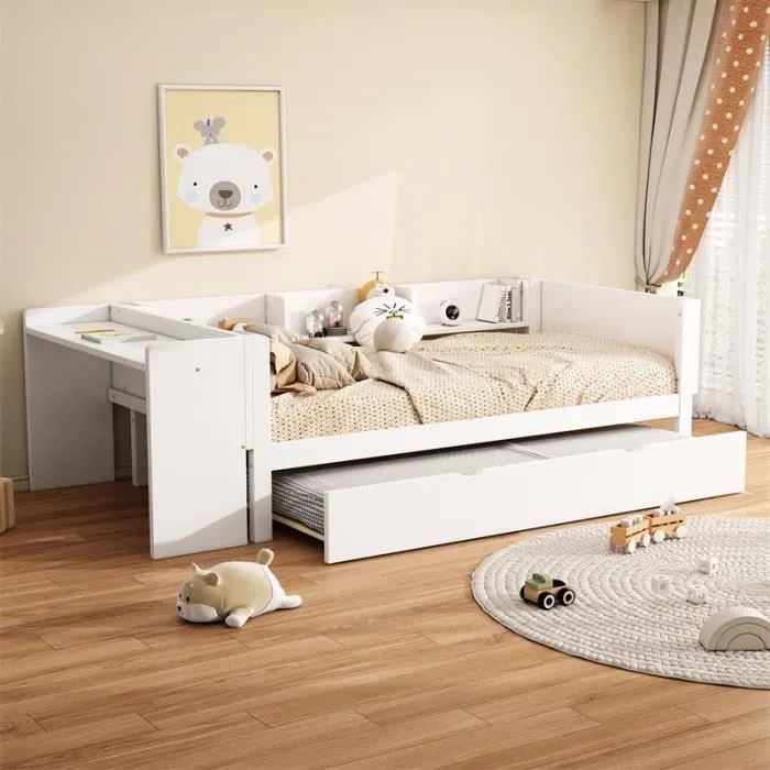 Lit gigogne 90x200cm+90x180cm, avec petit bureau, trois étagères sur le côté du lit, blanc-0