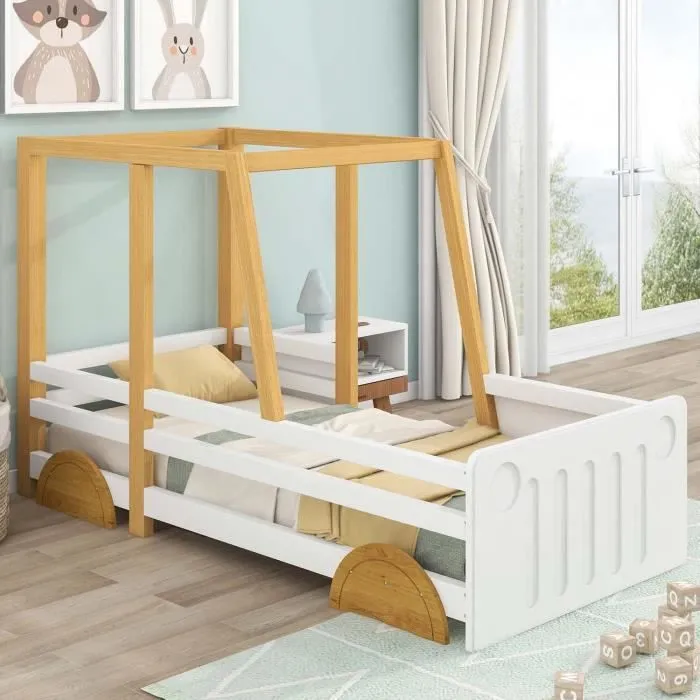 Lit de voiture 90x200cm, lit de jeep, lit d'enfant avec roues en MDF, cadre en pin, blanc + naturel-0