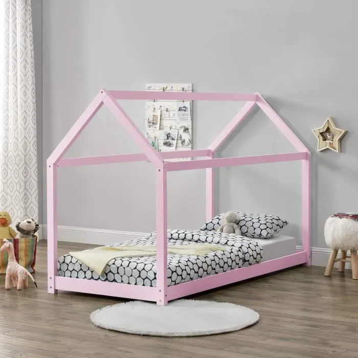 [en.casa] Lit Enfant Design Maison Cadre Structure Lit Bois Blanc Cabane 206 x 98 x 142 cm Rose-1