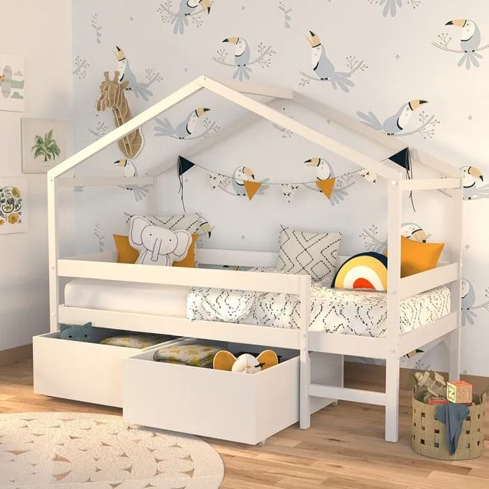 Lit cabane MIKA 90x190 + sommier + 2 tiroirs / Blanc-0