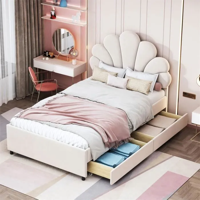 Lit modulaire - DREAMMESPACE - 90x200cm - Tête de lit fleurie - 2 tiroirs - Velours beige-0