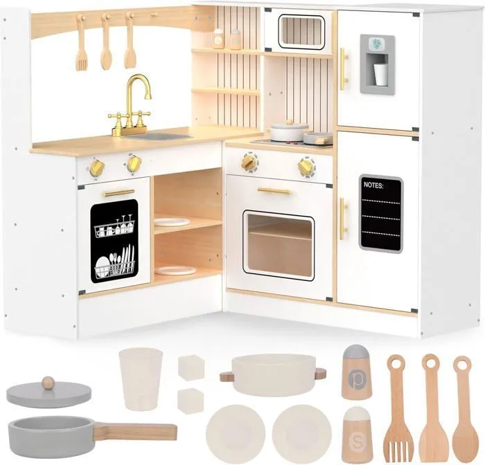 Cuisine Enfant +3ans Bois Mamabrum - Interactive, Cuisine Angle, Dinette, Lave-linge, Four, Lave-vaisselle, Hotte, Plaque, Blanche-0