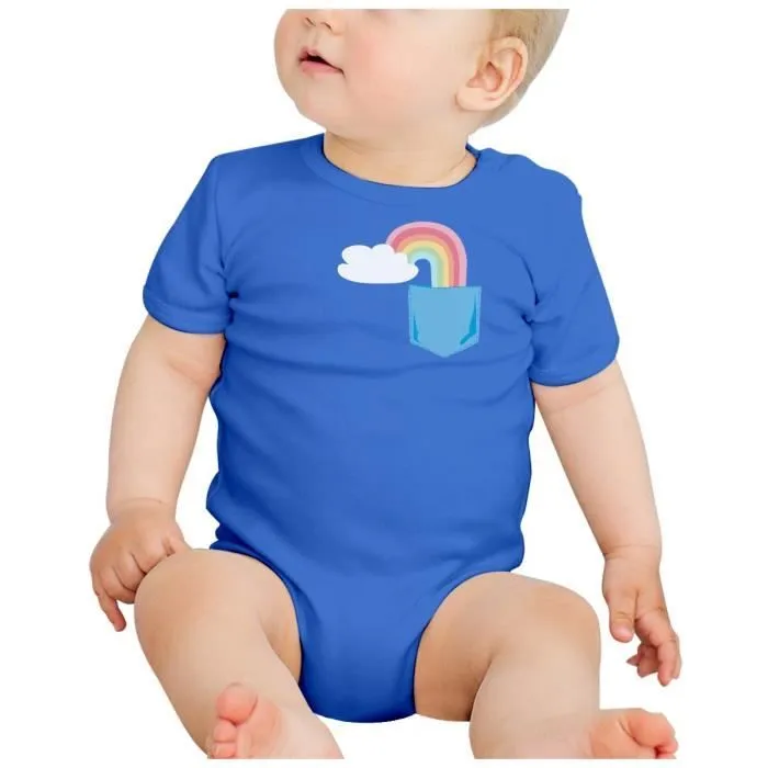 Body Bébé Manche Courte Bleu Poche Surprise Arc-en-Ciel Bonheur Mignon Dessin-1