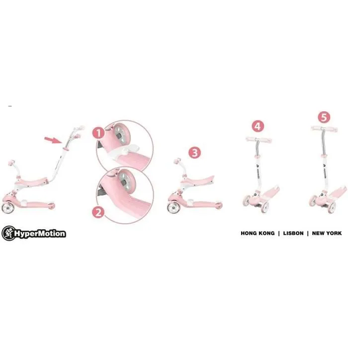 HyperMotion Draisienne Trottinette Enfant Evolutive 5 en 1 Jusqu'à 50 KG Poussoir Repose-pieds Selle Volant Réglable - CE Rose-2
