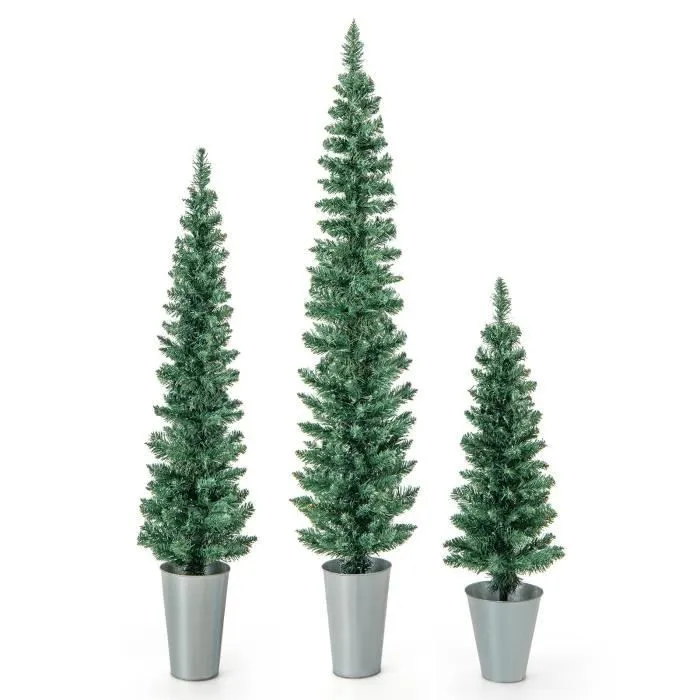 COSTWAY Lot de 3 Sapins de Noël Artificiels 90-120-150 CM avec 120-140-160 Pointes de Branches en PVC, Bases Métalliques avec Ciment-0