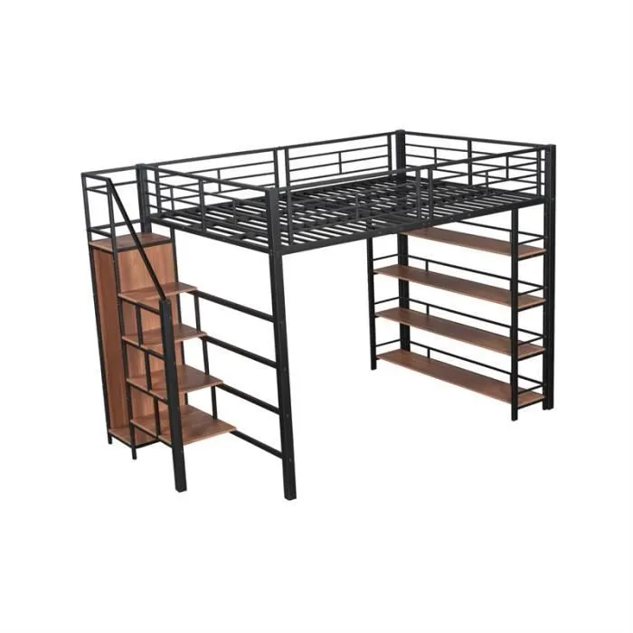 Lit mezzanine - DREAMMESPACE - 140x200cm - Noir - Échelle de rangement - Petite penderie intégrée-2