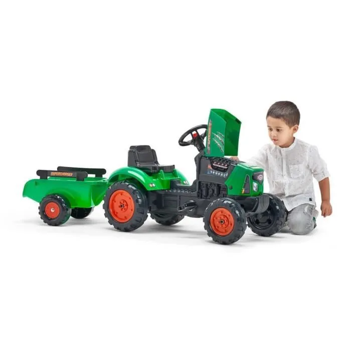 Tracteur à pédales Supercharger rouge FALK avec capot ouvrant et remorque-2