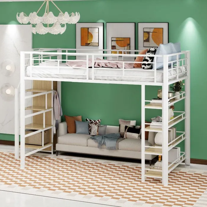 Lit mezzanine - Blanc - 90x200cm - Escalier de sécurité - Armoire intégrée - Design enfant-3