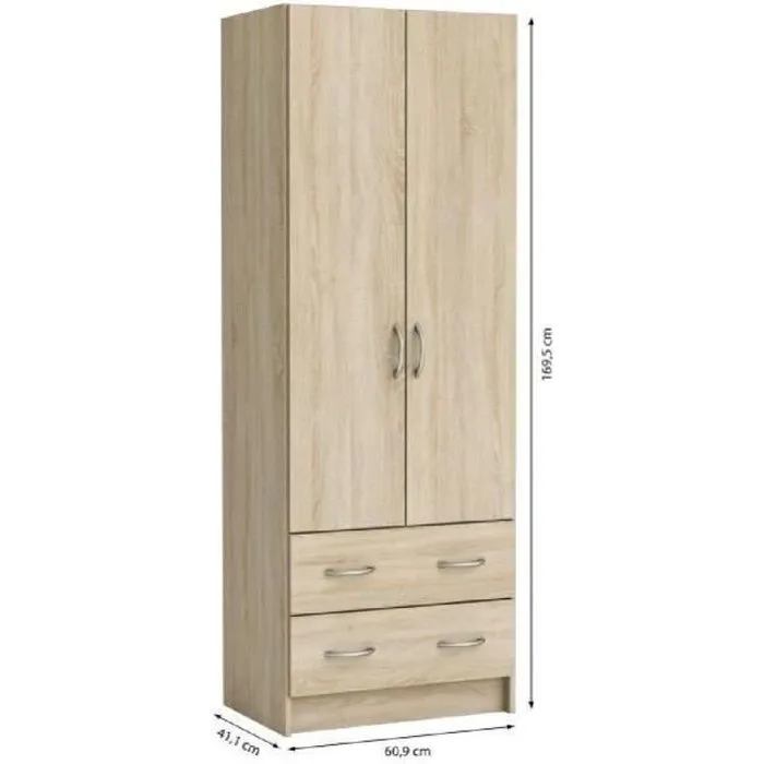 DEMEYERE Armoire - Décor chêne brossé - 2 portes et 2 tiroirs - Classique - Chambre - L 61 cm - DUAL-0