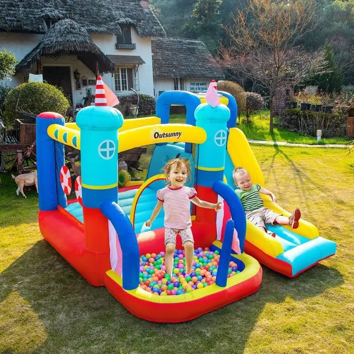 Château gonflable enfant - gonfleur, sac de transport inclus - dim. 2,65L x 2,6l x 2H m - polyester multicolore-1