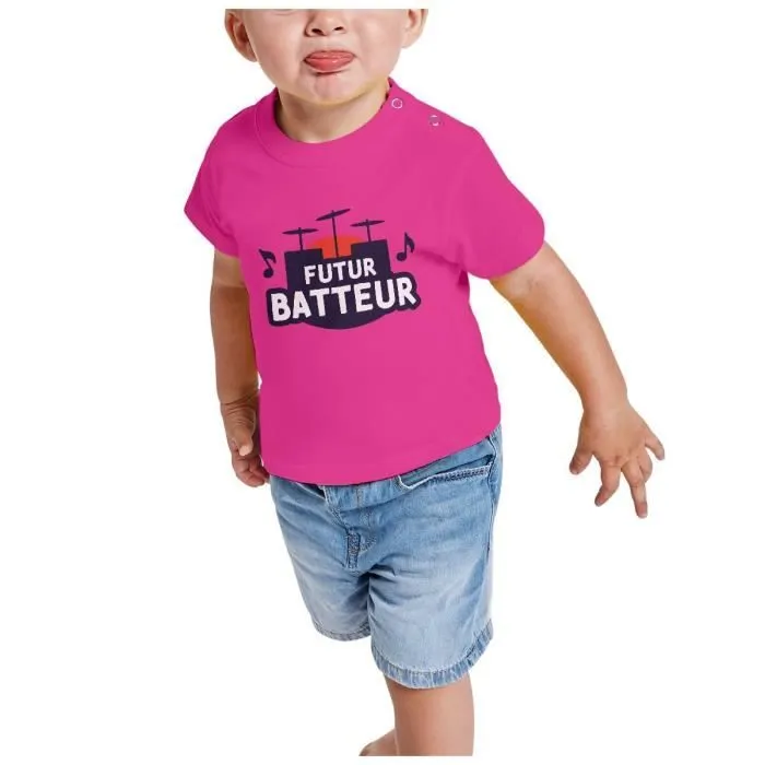 T-shirt Bébé Manche Courte Rose Futur Batteur Musicien Artiste Métier-1