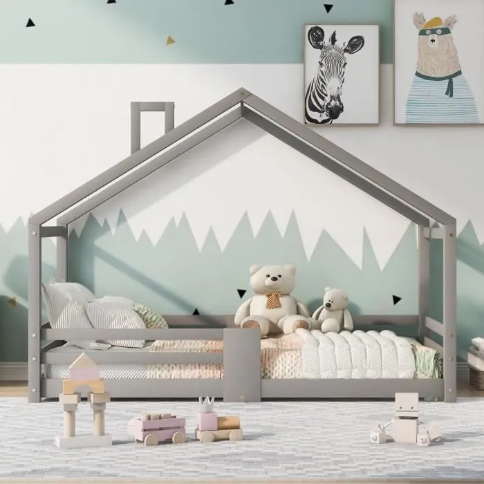 Merax Lit cabane pour enfant avec cheminée 90x200cm - Protection contre les chutes - Sommiers à lattes - Bois pin massif - Gris-1
