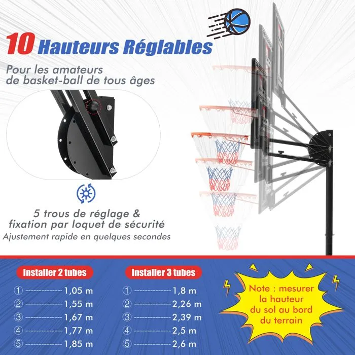 Panier de Basket-Ball sur Pied COSTWAY Hauteur Réglable 105-260cm-Tableau Arrière 82cm-2 Roues-Base Remplissable 35L-Ballon,Pompe-3