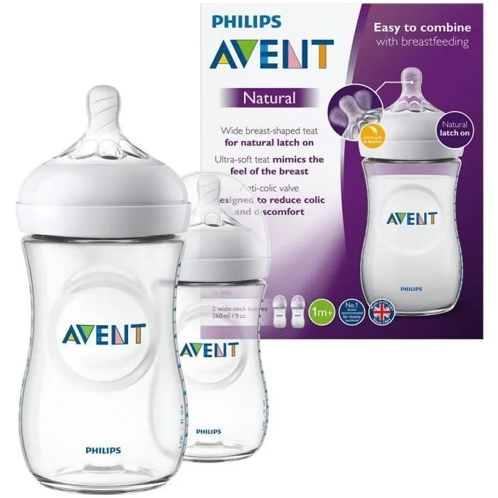 Philips Avent SCF033/27 Lot de 2 Biberon Natural 260 ml pour 1 Mois et +-0