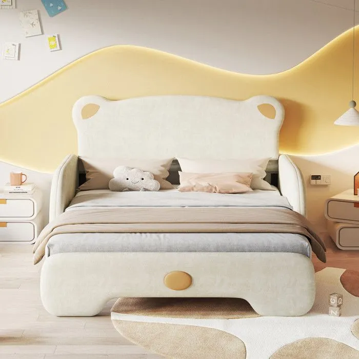 Lit enfant rembourré 140x200cm en velours - lit gigogne avec tête de lit en forme d'ours et sommier à lattes - Beige-0