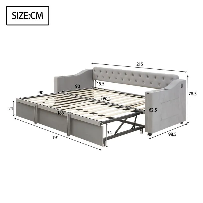 Lit gigogne - Canapé-lit - 90/180x190cm - Velours gris - Rangement intégré - Charge USB-3