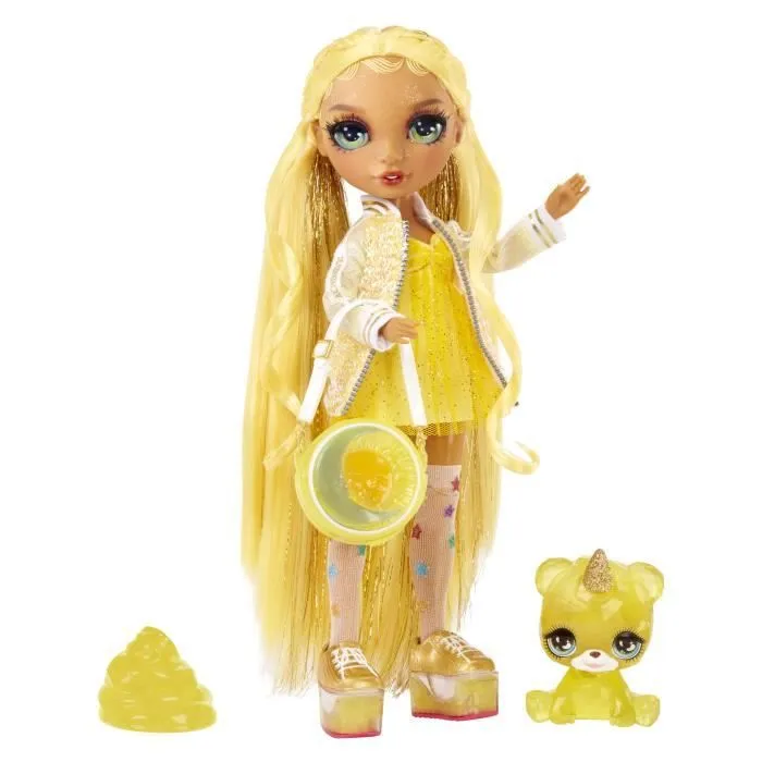 Bebeboutik Rainbow High Poupee Mannequin avec Kit de Slime et Animal de Compagnie Sunny Jaune Poupee Pailletee 28 cm avec Kit de Slime