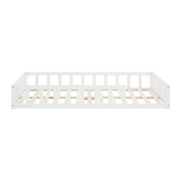 Lit Montessori - HomeStyle4U - 2838 - 140x200 cm - Bois massif blanc - Barrières de sécurité-0
