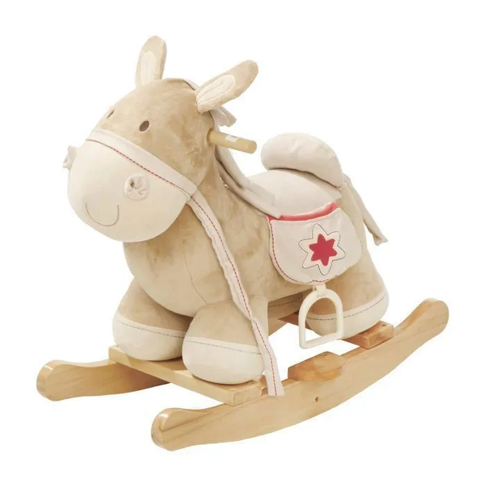 ROBA - Âne à Bascule en Bois et Peluche avec Étriers Selle et Bride - Marron / Motif Rouge-0