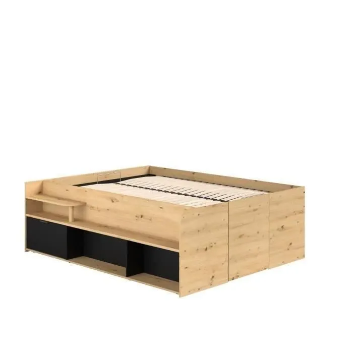 ODYSSEE Lit coffre adulte - 140x190/200 cm - Avec coffre relevable - Décor chêne et noir - 166,2 x 66,5 x 205,8 cm-3