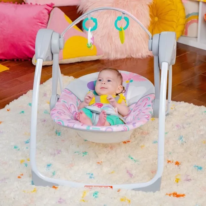 BRIGHT STARTS Balancelle bébé électrique compacte – Animaux, rose, 6 vitesses balancement, 10 chansons, 2 position d'inclinaison-1
