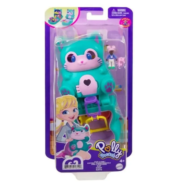 Polly Pocket - Coffret transformable Chat, avec mini-poupée, figurine de chat et surprises - Mini-Poupée - Dès 4 ans-4