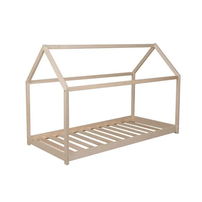 Lit cabane PANDA 90x200 + 1 sommier / Naturel-1