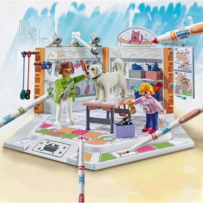 PLAYMOBIL Color 71514 Salon de toilettage, Crayons Crayola pour dessiner sur les personnages, 61 pièces, Dès 5 ans-1