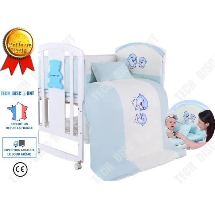TD® Parure de lit de bébé bleu en coton lavable 5 pièces pour berceau couffin chambre enfant nouveau né soins hygiène design bébé-0