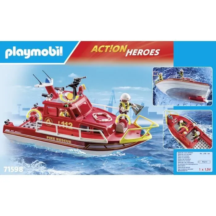 PLAYMOBIL 71598 Bateau de sauvetage et pompiers, Les pompiers, Action Heros, Dès 4 ans-8
